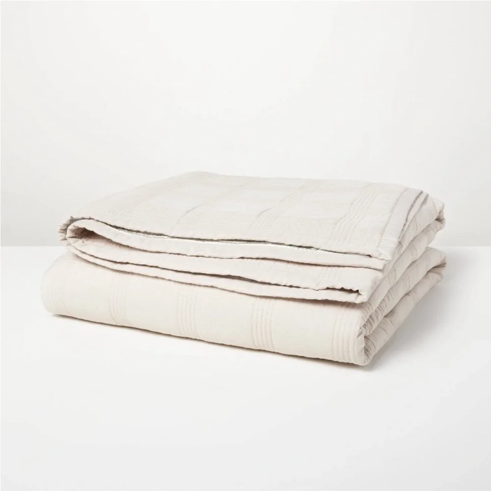 HEARTH & HAND NWT grid stitch quilt -Taupe/green/cream -full/queen